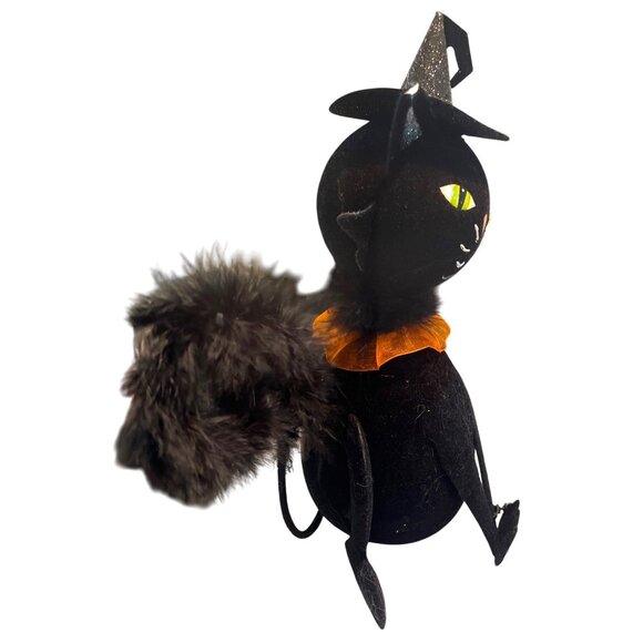 Vtg Pier 1 Imports 10" Flocked Glitter Black Cat Witches Hat Feather Halloween - Picture 4 of 7